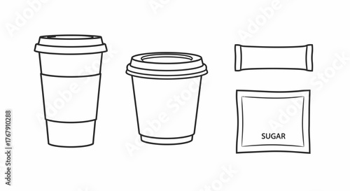 A collection of black and white line art illustrations of takeaway coffee cups with lids and individual sugar packets