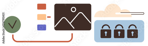 Data flow connecting organized folders, multimedia, and secured cloud storage with a checklist. Ideal for cloud computing, data security, multimedia access, data management, file sharing