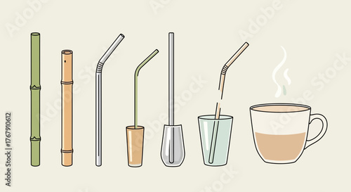 A collection of eco-friendly reusable drinking straws, including bamboo, metal, and glass types, for sustainable living
