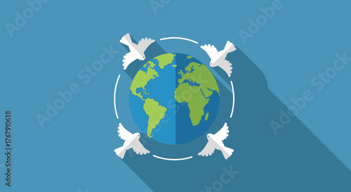 Four white doves flying in a circle around a stylized globe, symbolizing peace and global unity.