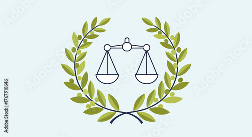 Scales of justice symbol centered inside a green laurel wreath on a light blue background.