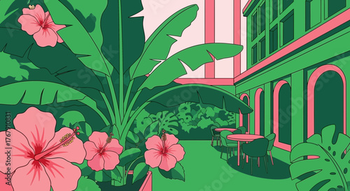 Vibrant tropical courtyard with large blooming flowers and lush green foliage creating a serene and inviting atmosphere