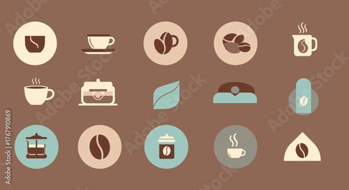 Collection of stylized coffee-related icons, featuring various brewing methods, cups, beans, and mugs, perfect for menu design or graphic elements