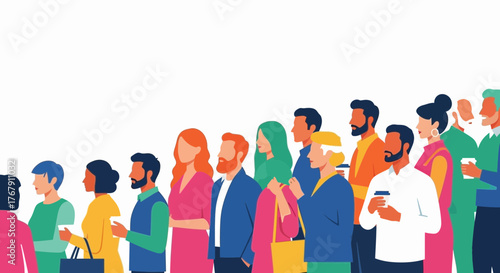 Vector illustration of a diverse and multicultural group of people standing and waiting in a long queue
