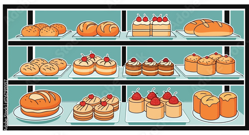 A vibrant illustration of a bakery display case showcasing a delicious assortment of freshly baked breads, sweet cakes, and delicate pastries