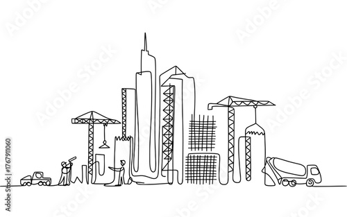 a construction site featuring cranes, buildings, workers, and a cement truck, symbolizing industry, progress, and development.