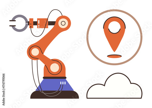Mechanical robotic arm with geolocation pin and cloud, symbolizing technology, automation, IoT, manufacturing, logistics, innovation, and cloud computing in a simple flat metaphor