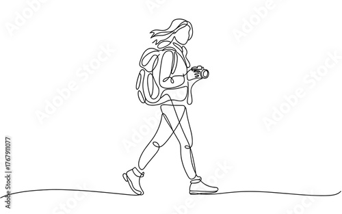 a woman walking with a backpack and camera, symbolizing travel, adventure, exploration, and outdoor lifestyle.