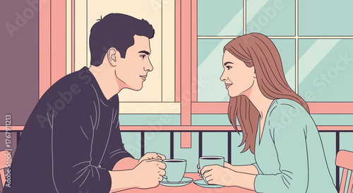 A romantic couple enjoying coffee together in a cozy cafe setting, sharing a moment of connection and conversation