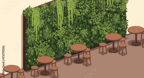 Green wall with round tables and stools in a cafe or restaurant