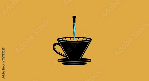 Vector illustration of the pour-over coffee brewing method, a minimalist icon showing a dripper and a stream of water for a perfect cup