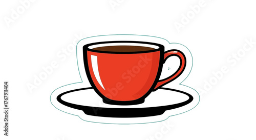 Vibrant red ceramic cup filled with dark, steaming coffee, resting on a clean white saucer, perfect for breakfast, break time, or a cozy evening