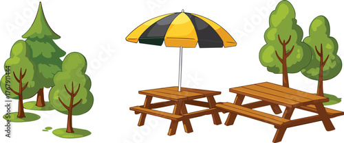 Cartoon park scene vector illustration, stylized trees with picnic tables, yellow-black umbrella, outdoor recreation and nature design for public space