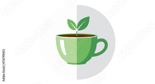 Green tea cup with growing plant, concept of health, nature and organic food, healthy lifestyle