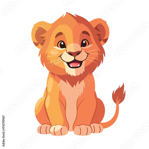 Adorable cartoon lion cub sitting and smiling, a charming illustration perfect for childrens themes and animal lovers.