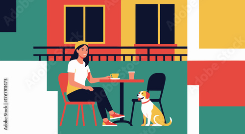 Young woman and her cute dog companion relaxing at a vibrant city sidewalk cafe, a modern flat design vector illustration of a pet-friendly lifestyle