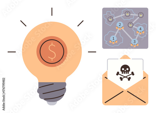 Light bulb with dollar sign, threatening letter with skull motif, strategic map with numbered paths. Ideal for cybersecurity, financial strategy, innovation planning, problem-solving, risk
