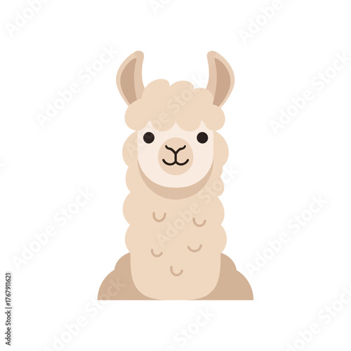Cute cartoon llama or alpaca with a friendly face and fluffy fur, standing upright on a white background.
