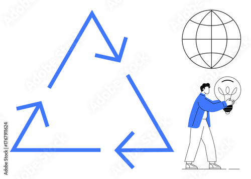 Blue triangular recycling arrows with a globe and a person holding a light bulb. Ideal for sustainability, recycling, eco-friendly practices, environmental care, renewable energy, green living