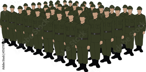 Military formation vector illustration, uniformed soldiers with helmets and boots, standing in rows for drill, inspection, or ceremonial discipline design