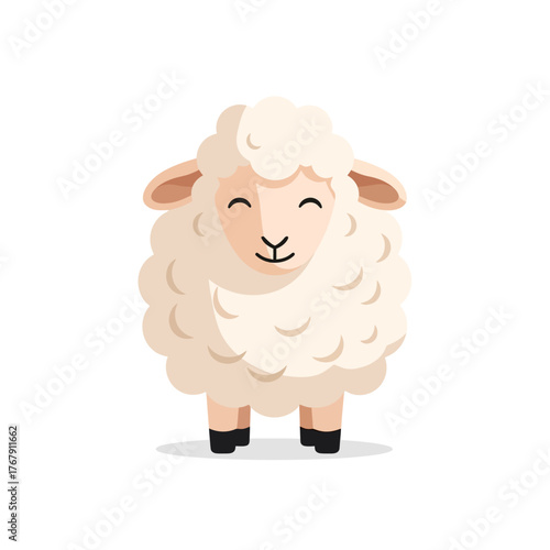 Cute Cartoon Sheep Standing on White Background.