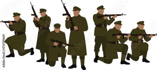 Military personnel vector illustration, seven armed soldiers in tactical poses with rifles, dark green uniforms and caps, combat readiness and defense design