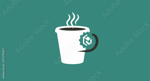 Vector graphic of a hot beverage mug with a cogwheel handle, representing the fuel for industry, technology, and business development