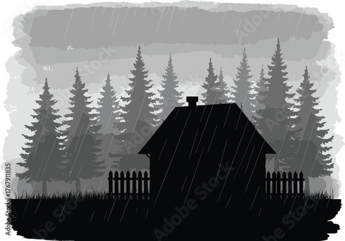 Rainy forest house silhouette vector illustration, stormy weather scene with picket fence, chimney, tall grass, conifer trees and moody cloud design