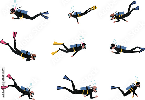 Scuba diver vector illustration, nine cartoon-style swimmers in different underwater positions, fins, oxygen tanks, masks and wetsuits in grid layout