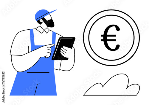 Worker holding a tablet pointing at the screen, euro currency sign symbolizing finance, and a cloud icon. Ideal for tech, finance, labor economy, productivity, digital tools, remote work simple flat