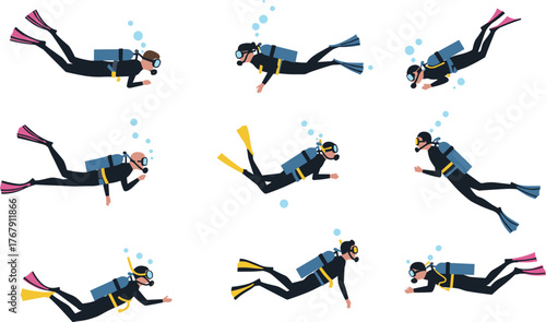 Scuba divers vector illustration, cartoon-style underwater swimmers in different diving positions with fins, masks, oxygen tanks and bubbles design