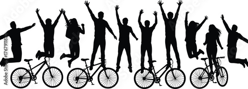 Silhouette vector illustration, group of people jumping with bicycles, joyful celebration pose, unity and energy concept for outdoor activity design