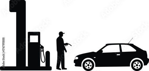 Silhouette vector illustration, person refueling compact car at gas station, fuel pump with hose and number one structure, transportation concept design