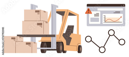 Forklift lifting stacked boxes beside data dashboard and network diagram. Ideal for logistics, automation, data analysis, supply chain, warehouse management, inventory, transportation. Simple flat