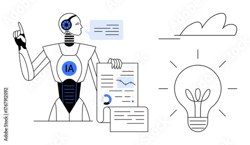 Humanoid robot gesturing while sharing reports, charts light bulb symbolizes ideas and innovation, cloud for digital data. Ideal for AI, innovation, creativity, tech, analytics, education minimal
