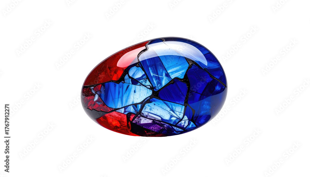 Fototapeta premium Glossy, egg-shaped object with fractured, colorful interior of reds, blues, and white against a solid black background
