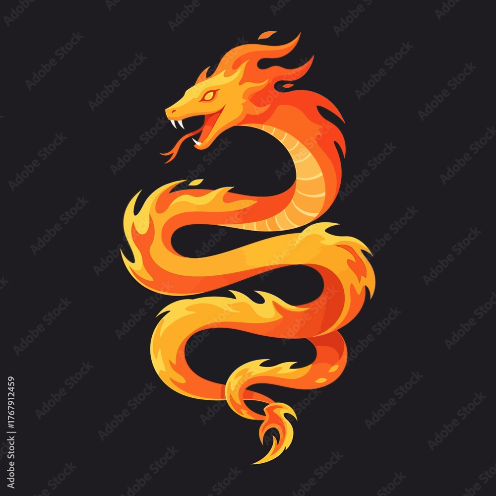 Fototapeta premium Fiery Dragon Illustration on Black Background.
