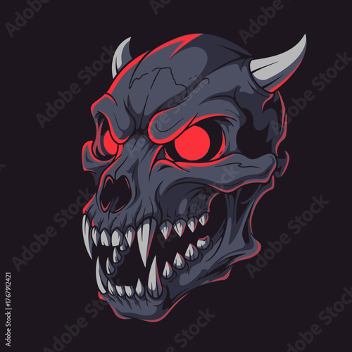Fearsome Demon Skull with Glowing Red Eyes and Sharp Fangs.