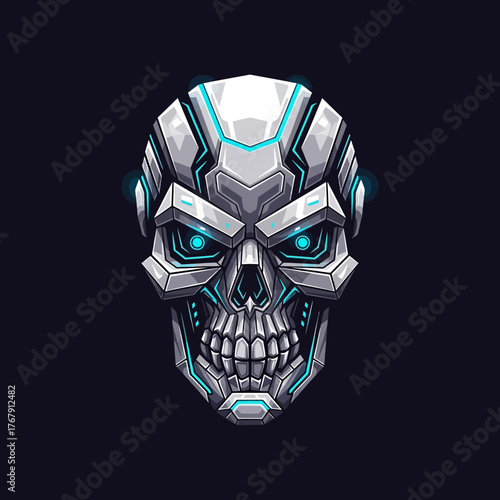 Futuristic Robotic Skull with Glowing Blue Eyes and Cybernetic Details.