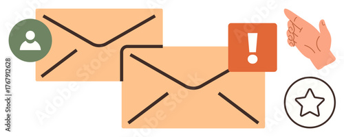Two envelopes with an alert icon and user profile symbol, a hand gesture, and a star icon. Ideal for email management, notifications, communication, UX design, alerts digital systems teamwork. A