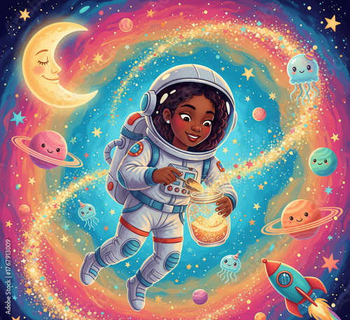 Cute Cartoon Young Black Girl Astronaut Collecting Stardust and Stars in a Jar within a Swirling Rainbow Cosmic Galaxy Space Background