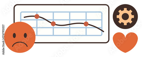 Negative trend graph with scattered points, orange sad face, gear for solutions, heart symbolizing impact. Ideal for business, data analytics, decline, performance, emotion solutions sentiment