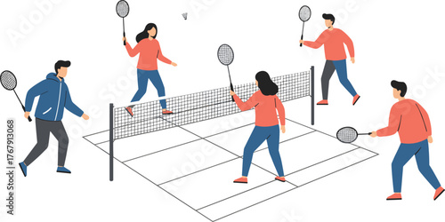 Badminton vector illustration, five players on court with rackets and shuttlecock, active group sport scene, fitness and recreation concept design