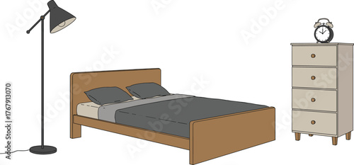 Bedroom interior vector illustration, minimal furniture layout with bed, lamp, chest of drawers, cozy and functional design, home decor concept