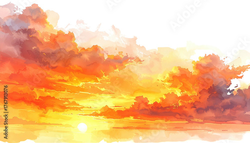 Fiery orange, yellow, and white clouds at sunset or sunrise against a darkening sky, digital painting aesthetic