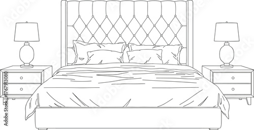 Bedroom line drawing vector illustration, tufted headboard bed with pillows and lamps, symmetrical furniture layout, interior design and decor concept