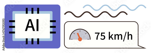 AI microchip alongside a speedometer reading 75 kmh, complemented with motion lines. Ideal for tech innovation, AI integration, machine learning, automation, transportation, data analysis, simple