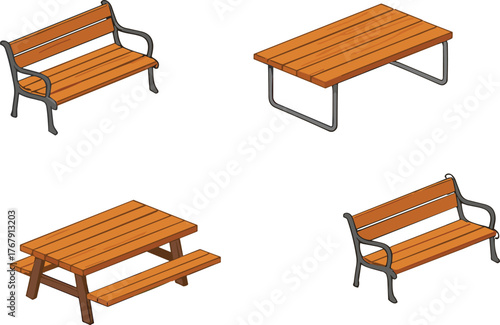 Outdoor furniture vector illustration, wooden benches and picnic tables with metal frames, public seating and garden table design for parks