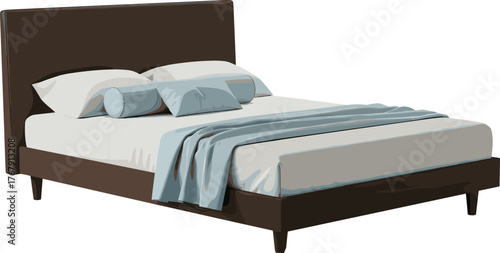 Modern bed vector illustration, dark brown upholstered frame with white and blue bedding, decorative pillows, elegant furniture for interior design