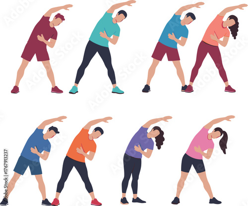 Side stretch exercise vector illustration, eight people in athletic outfits performing fitness poses, physical activity and wellness movement concept